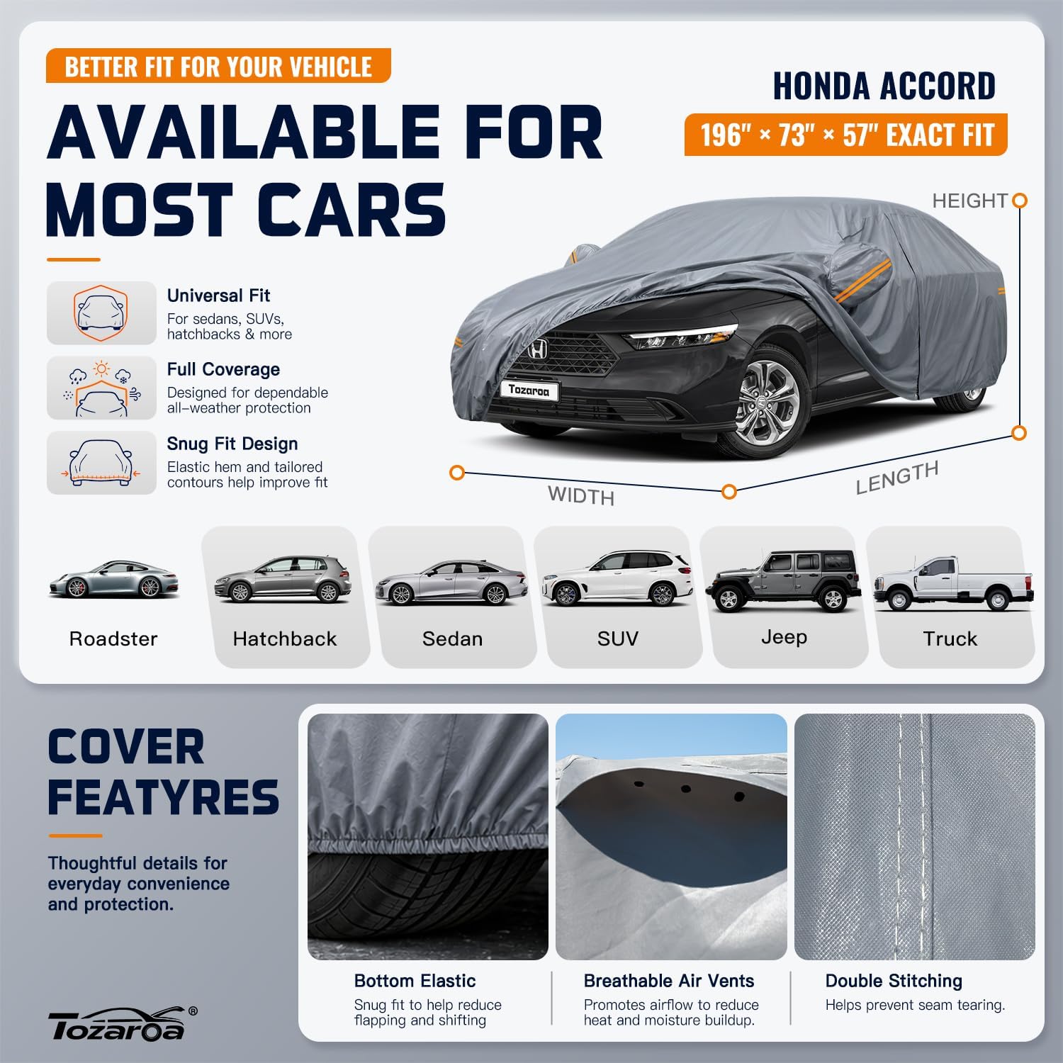 Thumbnail 2 de Tozaroa Car Cover Waterproof All-Weather – A4 Custom Fit for Sedans (204-208 inches)