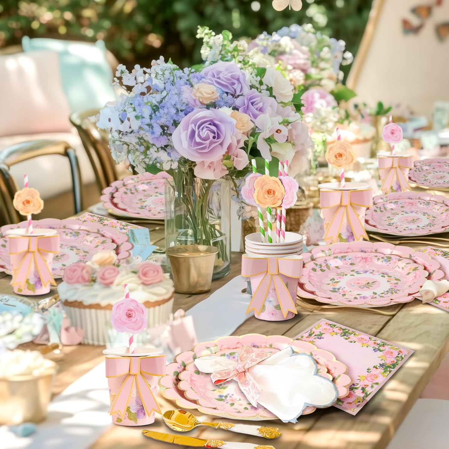 Detalle de SUNBEAUTY 80pcs Afternoon Tea Decorations – Floral Plates, Straws, Napkins & Bow Cups