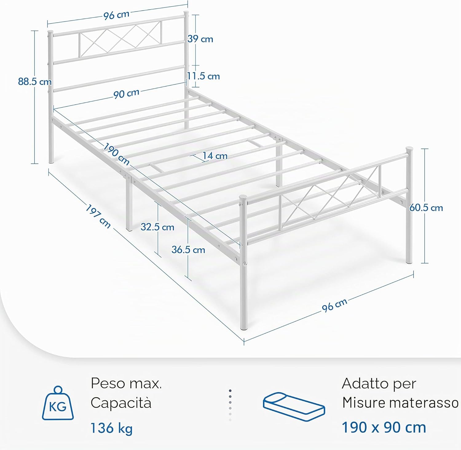 Detalle 2 de Yaheetech - Struttura Letto Singolo in Metallo con Testiera a Forma di X, 90 × 190 cm, Bianco
