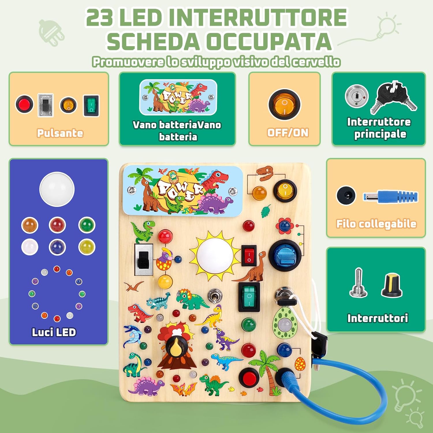 Thumbnail 1 de Giocattolo Montessori: tavola con dinosauri in legno – 10 interruttori e 23 LED