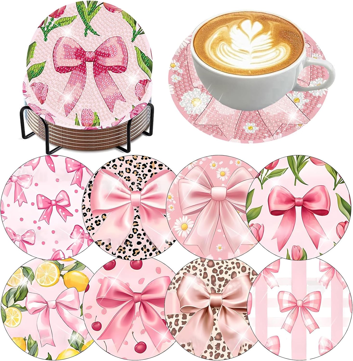 Detalle de HHMATITS GMZS-182 Pink Bow Diamond Art Coaster Kit, 8-Piece Wooden Set