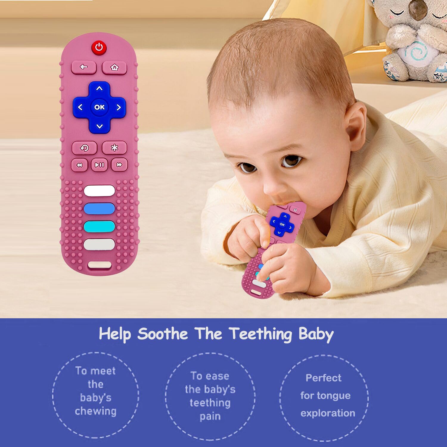 Thumbnail 4 de ROBBEAR Baby Teething Toys (TV Remote Shape) – Food-Grade Silicone Teether, BPA-Free, Pink RC