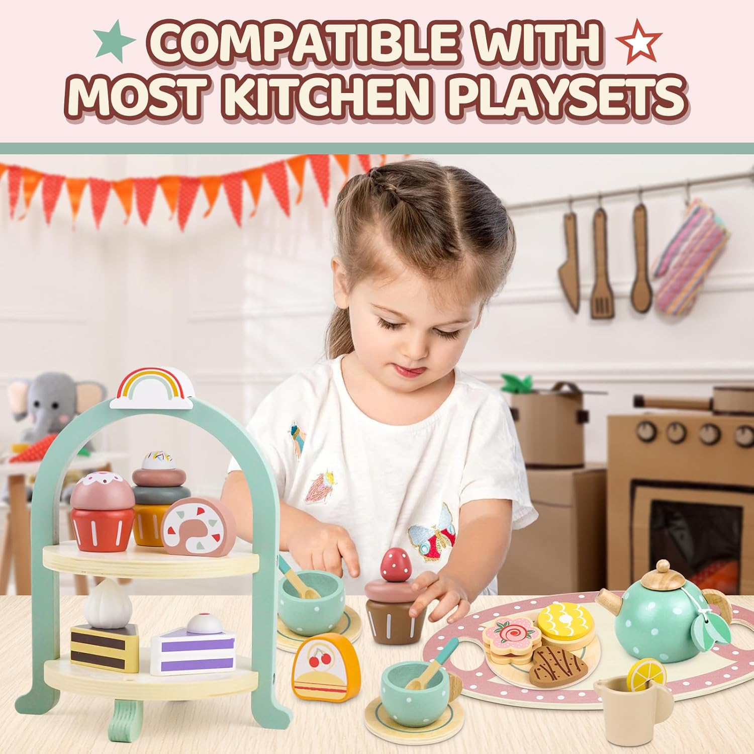 Detalle de Airlab Dessert-Set aus Holz für die Kinderküche – Tee-Set mit Ständer, Kuchen & Cupcakes
