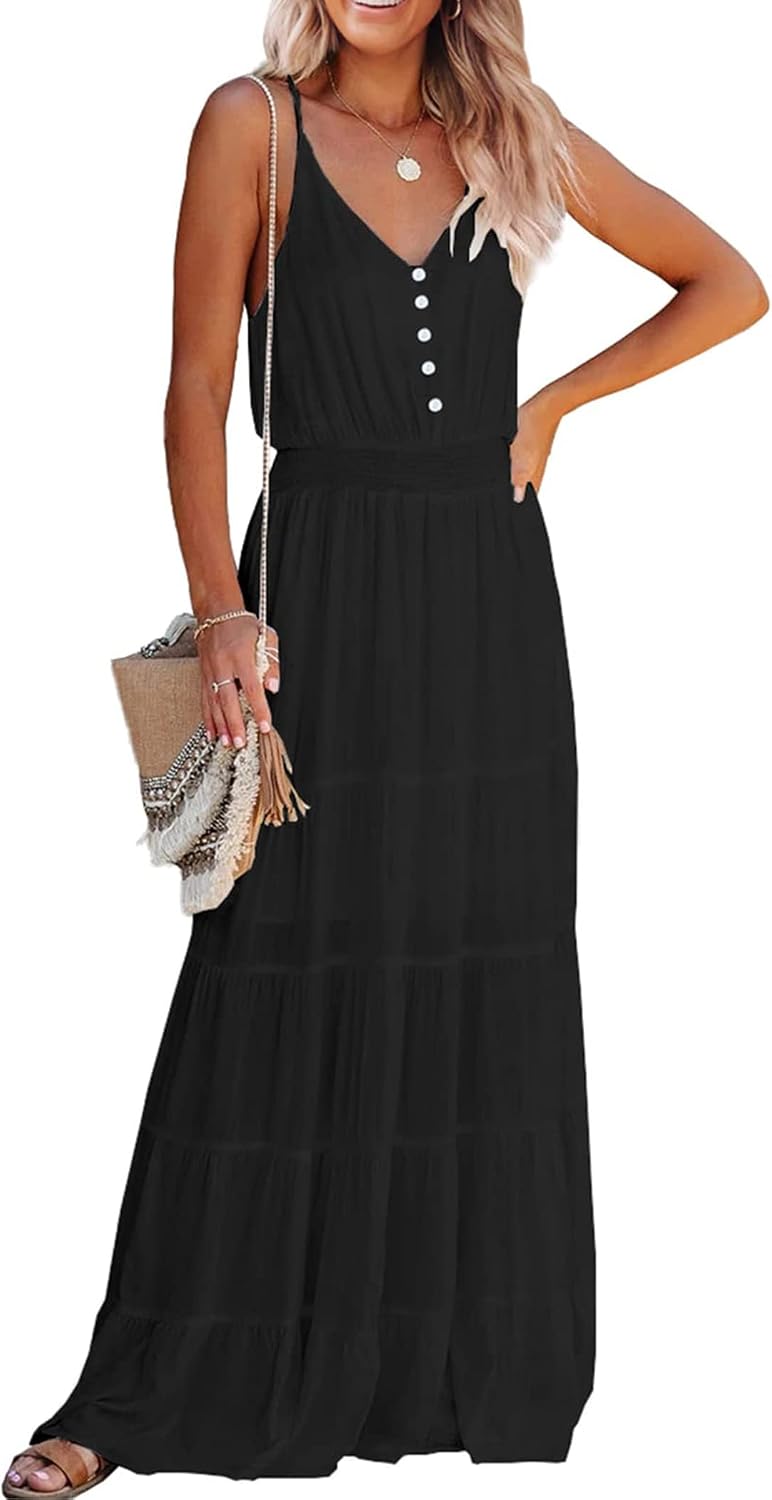 Detalle de PRETTYGARDEN Women's 2026 Summer Maxi Dress: Spaghetti Strap Sleeveless High Waist Boho Beach Favorite