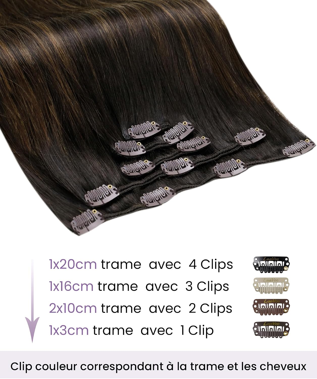 Detalle de LaaVoo Extension de cheveux naturels à clip pour balayage brun foncé à clair (5 pièces) – 30 cm, 80 g