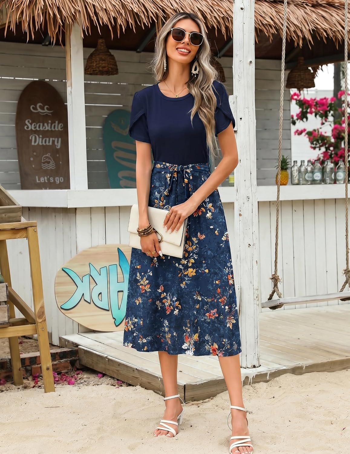 Detalle de Zeagoo Floral Midi Summer Dress for Women – UK, Short Sleeve with Pockets (S–2XL)