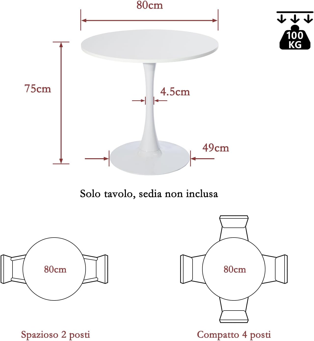 Thumbnail 2 de MEUBLE COSY Tavolo da Pranzo Rotondo 80x80x73 cm stile scandinavo, struttura in metallo bianco (fino a 4 persone)