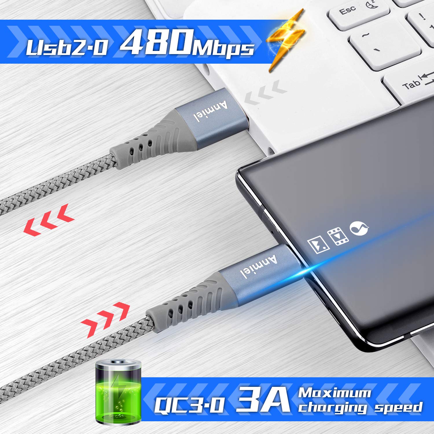 Detalle 1 de USB-C-Kabel 3A Schnellladen Set 1 m 2 m 3 m