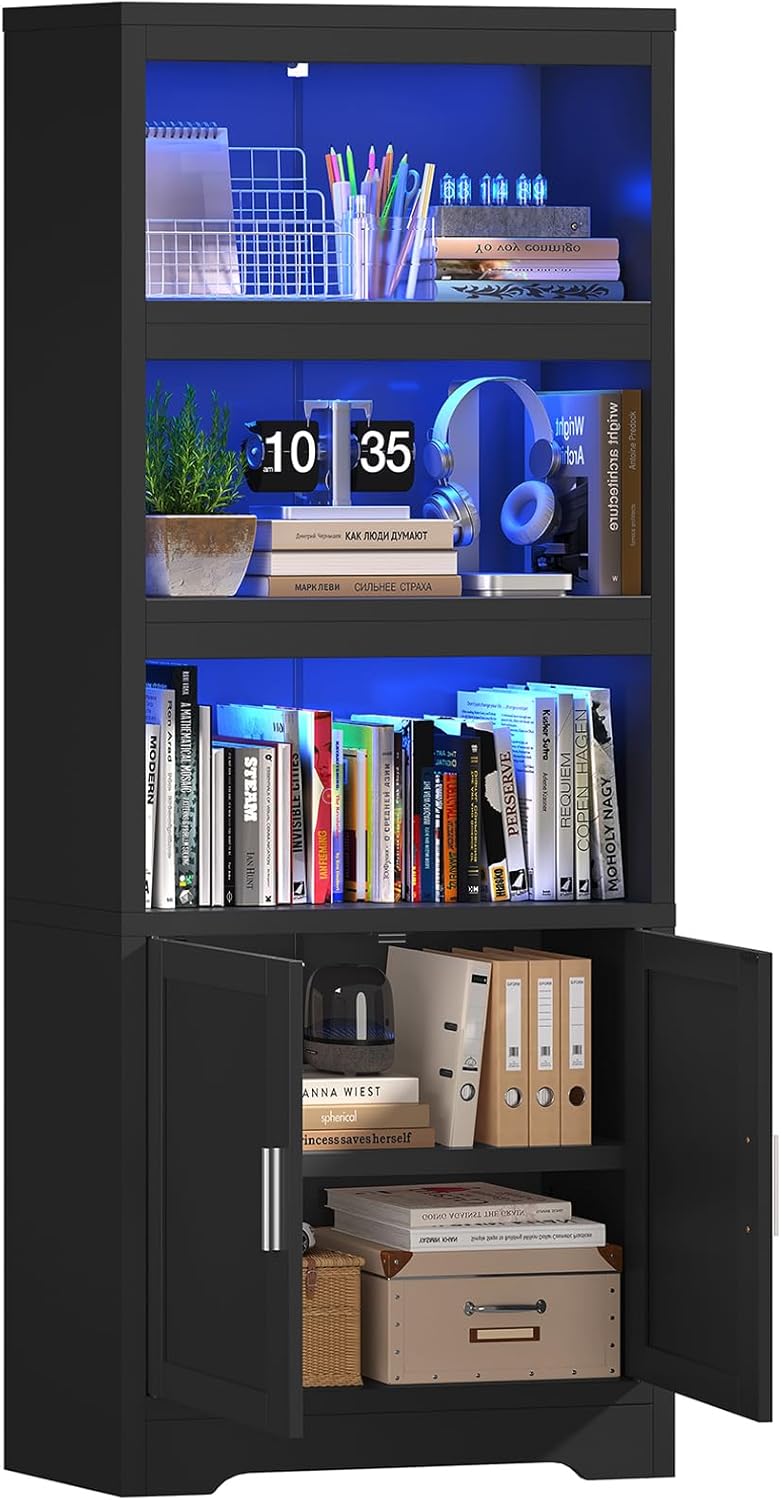 Detalle de TEENFON bookcases 5-Shelf Bookcase with LED Lights, Doors and Adjustable Shelf