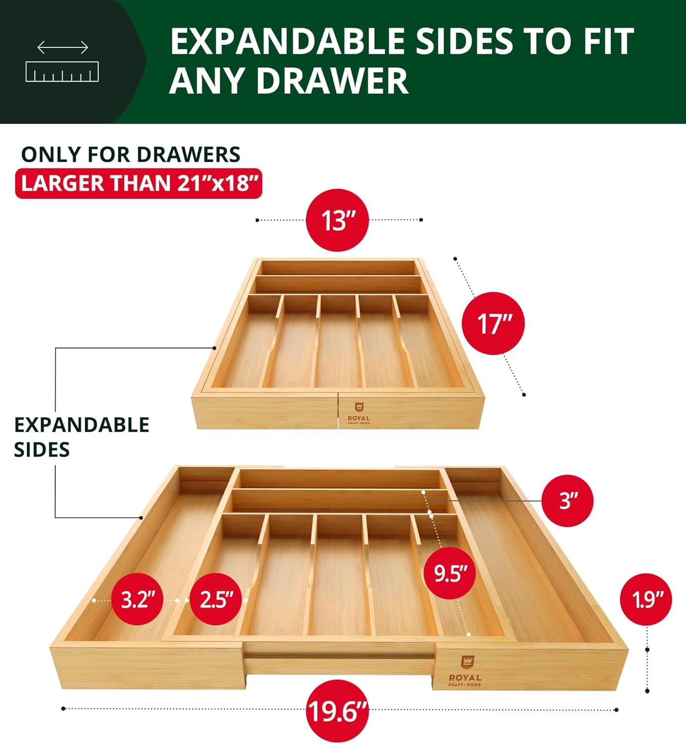 Thumbnail 1 de ROYAL CRAFT WOOD Bamboo Drawer Organizer 9‑Slot