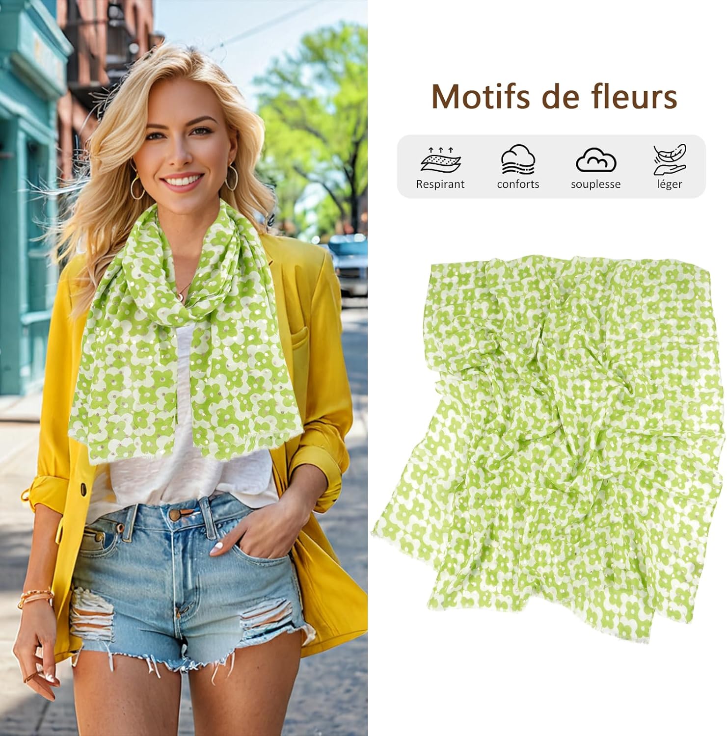 Thumbnail 1 de DAMILY Écharpe légère femme en coton fin et tulle, motif floral – wrap, châle et foulard