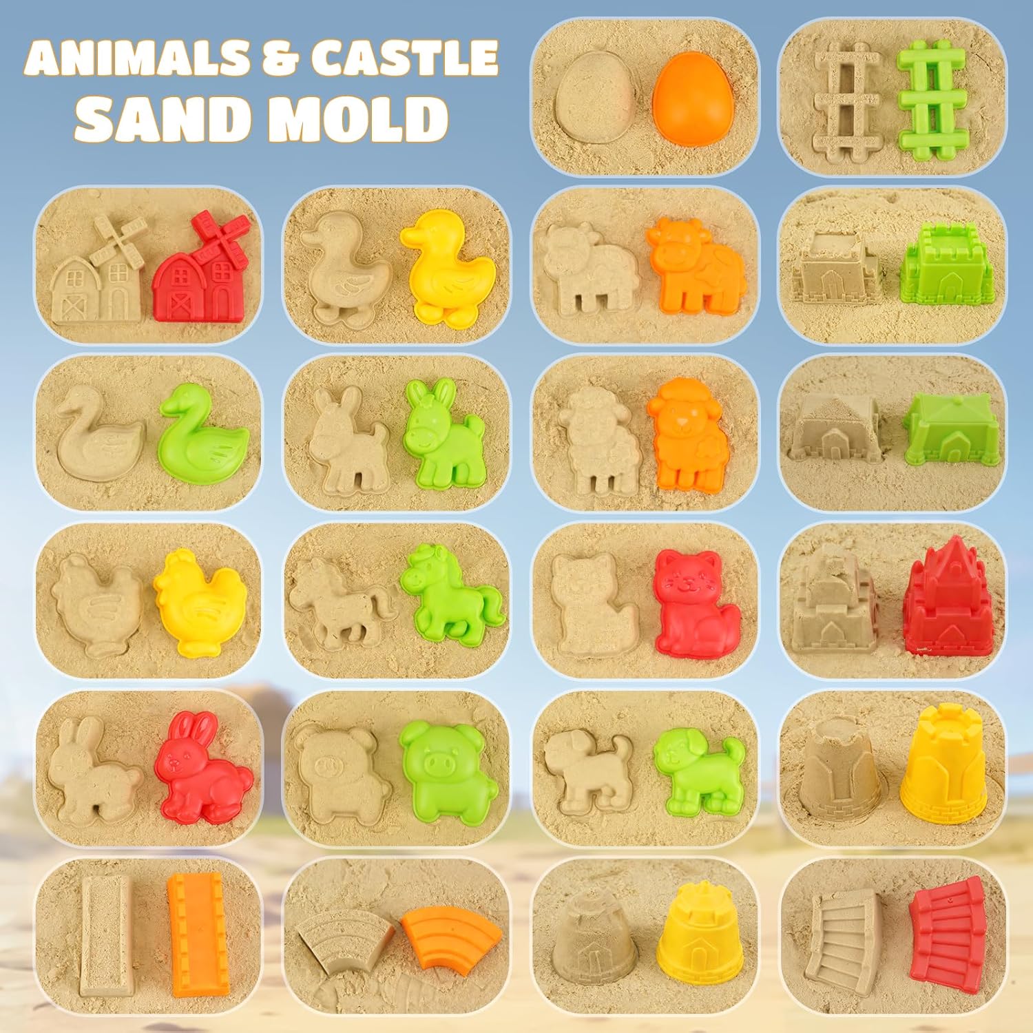 Thumbnail 2 de Giochi da Spiaggia Bambini 29 PCS Tema Fattoria – Set Sabbia con Secchielli Pieghevoli, Stampini Animali e Castello