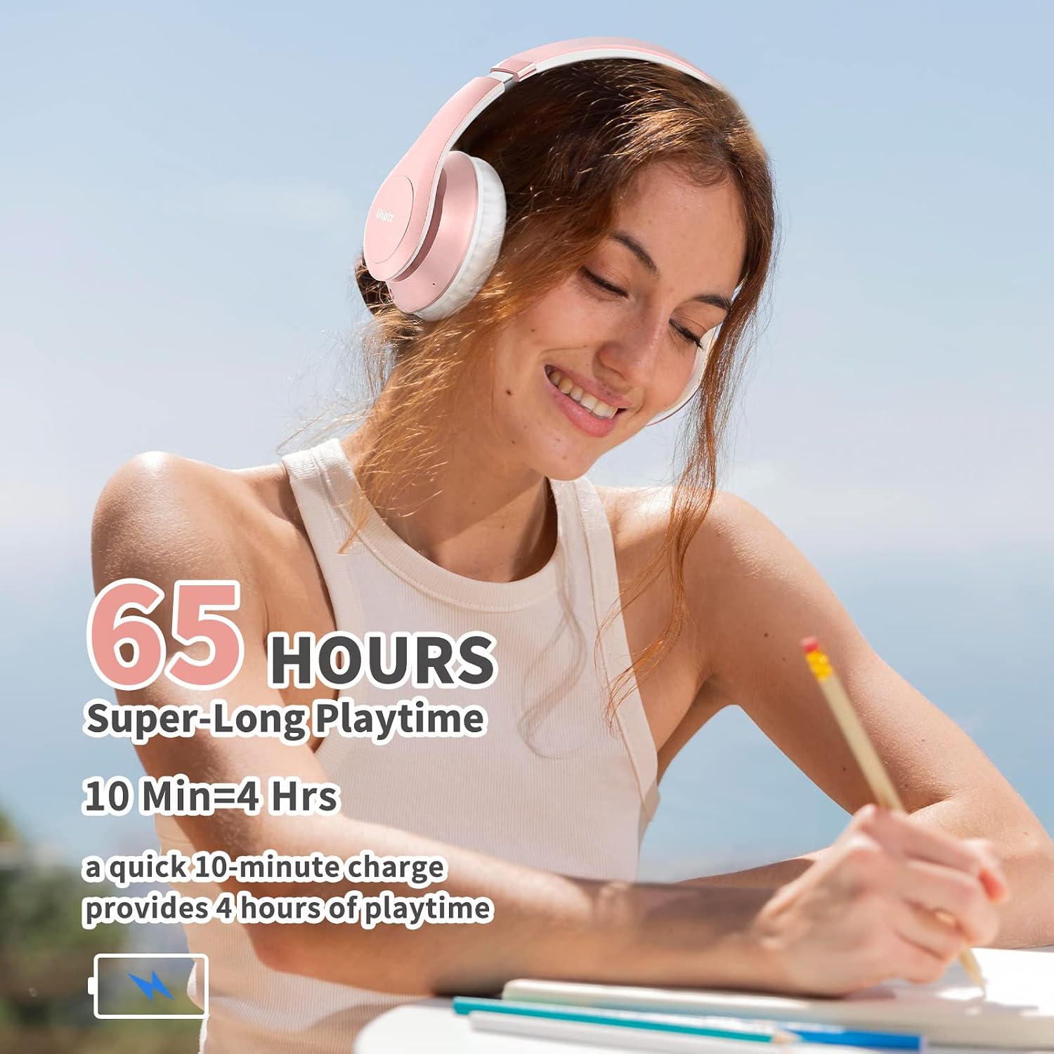 Detalle de Uliptz kabellose Bluetooth-Over-Ear-Kopfhörer mit Mikrofon (65 Std. Spielzeit, 6 EQ-Modi, faltbar) – Roségold