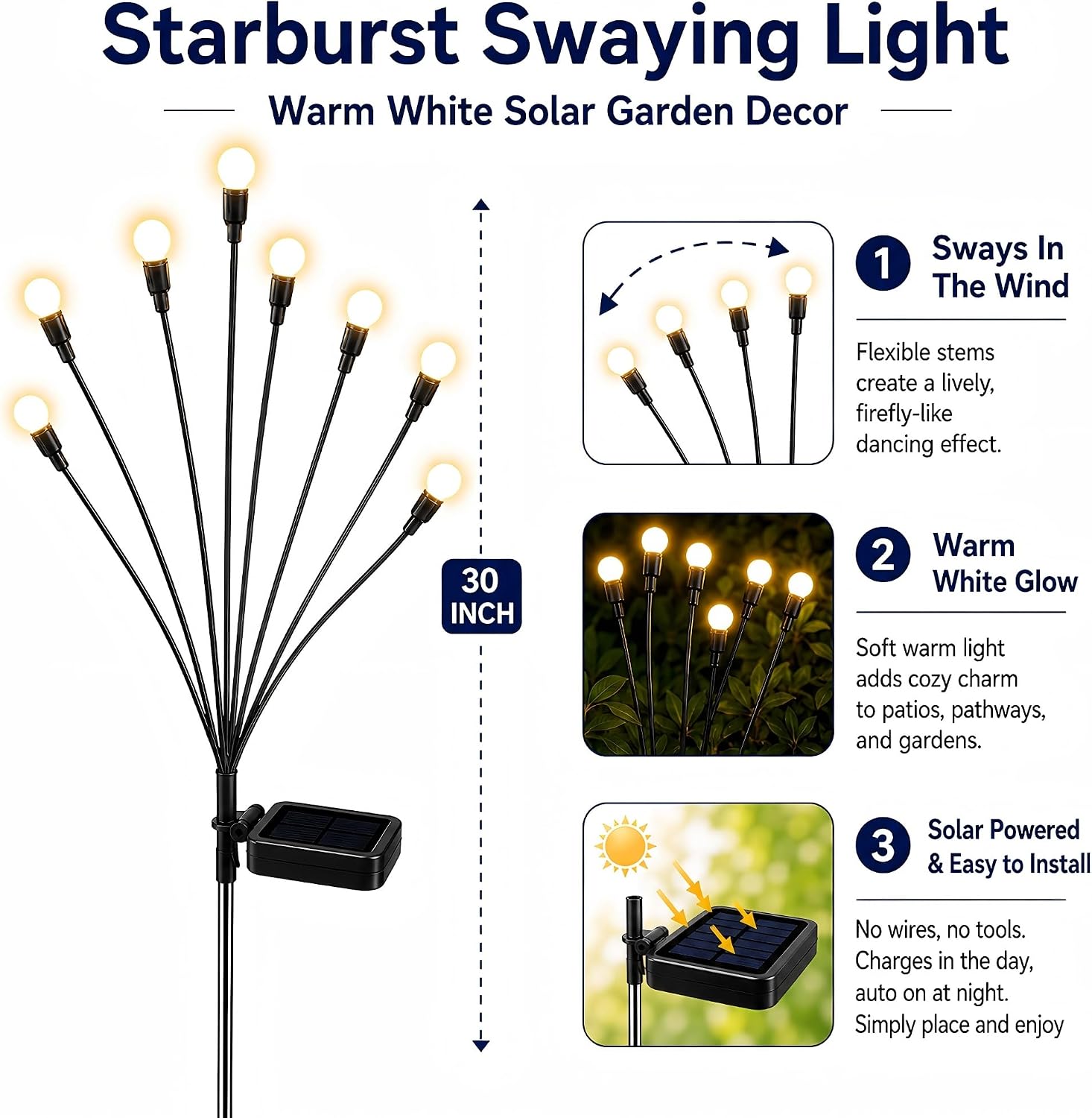 Detalle de TONULAX Solar Swaying Garden Lights, Warm White, Flexible Iron Wire, 4-Pack