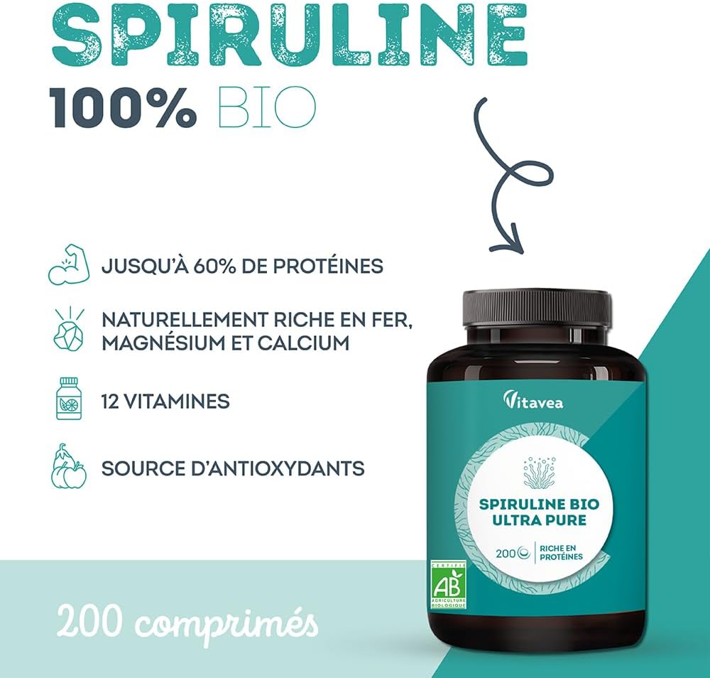 Detalle de Spiruline BIO Ultra Pure 1500 mg – Sans Excipients, 200 comprimés – Vegan, Fabriquée en France