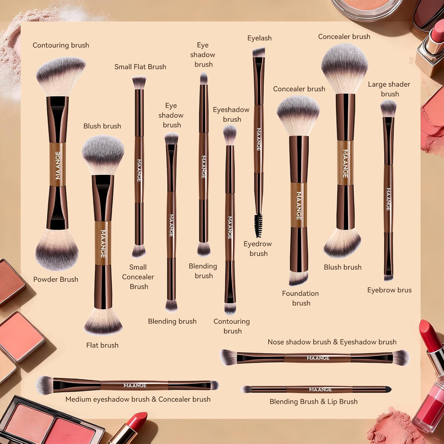 Thumbnail 2 de MAANGE 13-Piece Dual-Ended Foundation Makeup Brush Set with Bag (Coffee)