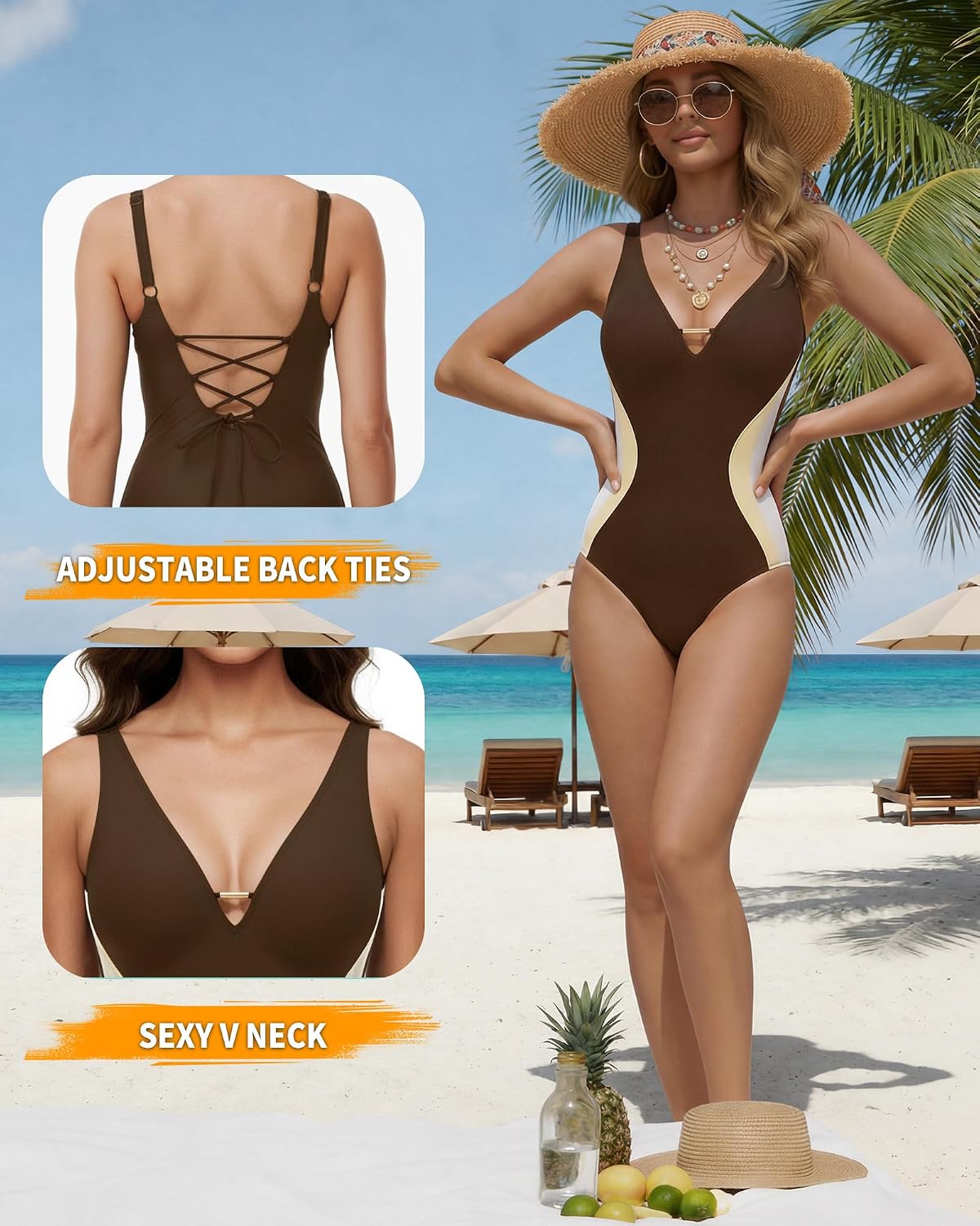 Detalle 2 de ALGALAROUND Women's One Piece Swimsuit with Tummy Control and Pleated Deep V-Neck