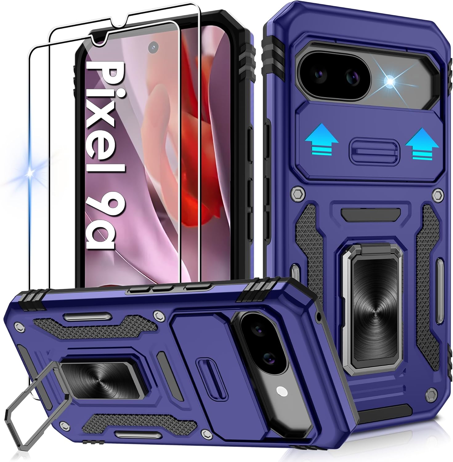 Detalle de Jshru Handyhülle für Google Pixel 9a – 360° Ständer, Kamera-Schutz, inkl. 2 Schutzfolien, blau