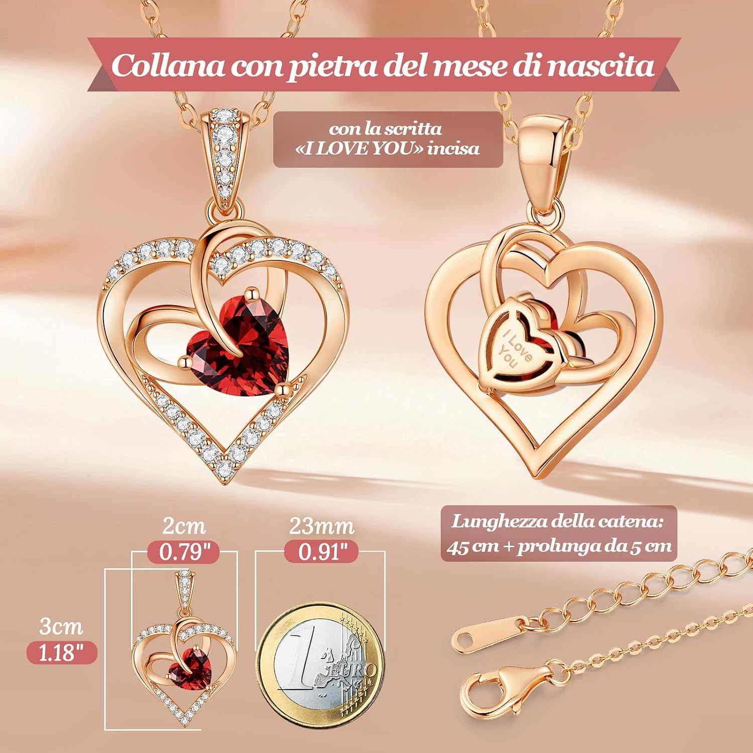 Detalle de Collana Donna Cuore Regalo Gioielli con Pietra di Nascita – Argento 925, Zirconi 5A