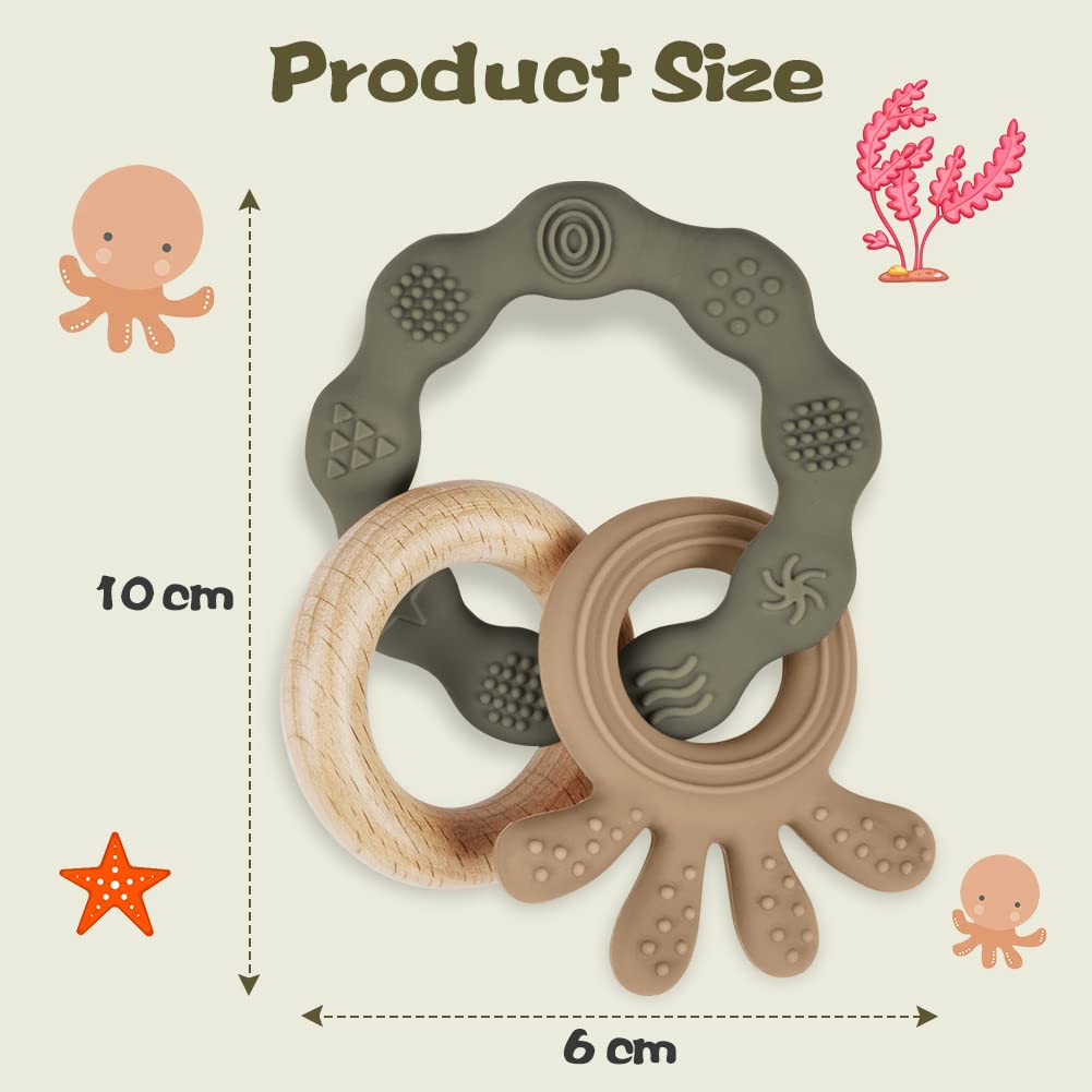 Detalle 2 de Vicloon Beißring für Babys aus Silikon & Holzringe (BPA-frei) – Zahnungshilfe ab 3 Monaten