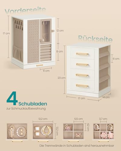 Detalle de SONGMICS Schmuckkästchen JBC211WD01, 360° drehbar, 4 Schubladen, cremeweiß
