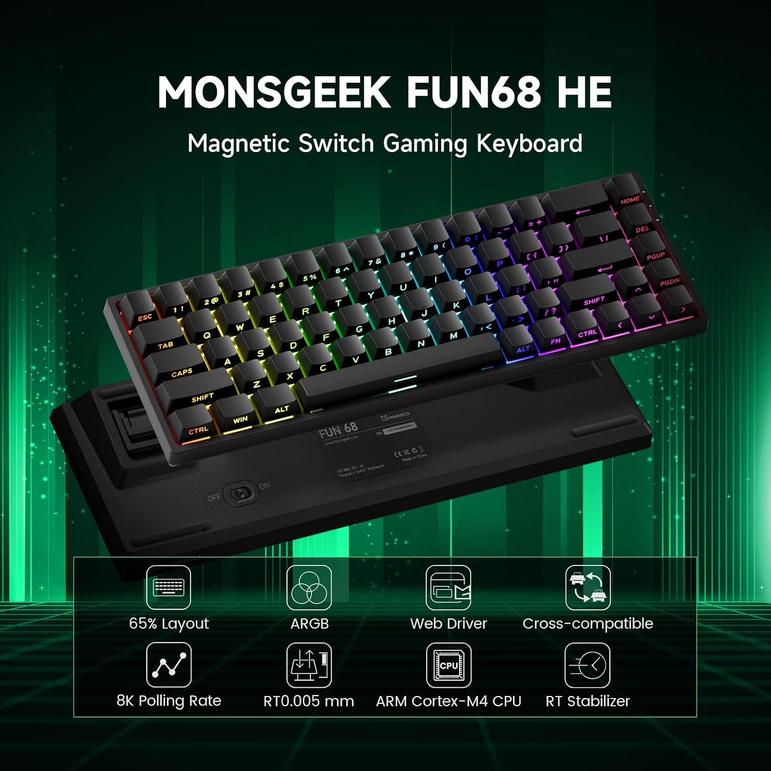 Detalle de MONSGEEK Clavier à déclenchement rapide FUN68 HE – 65% compact, RGB ARGB, interrupteurs magnétiques Glare