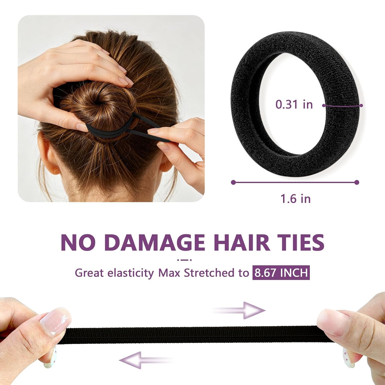 Detalle 2 de CZZXI 150ct Black Nylon Hair Ties, Seamless 1.6 x 0.31 in