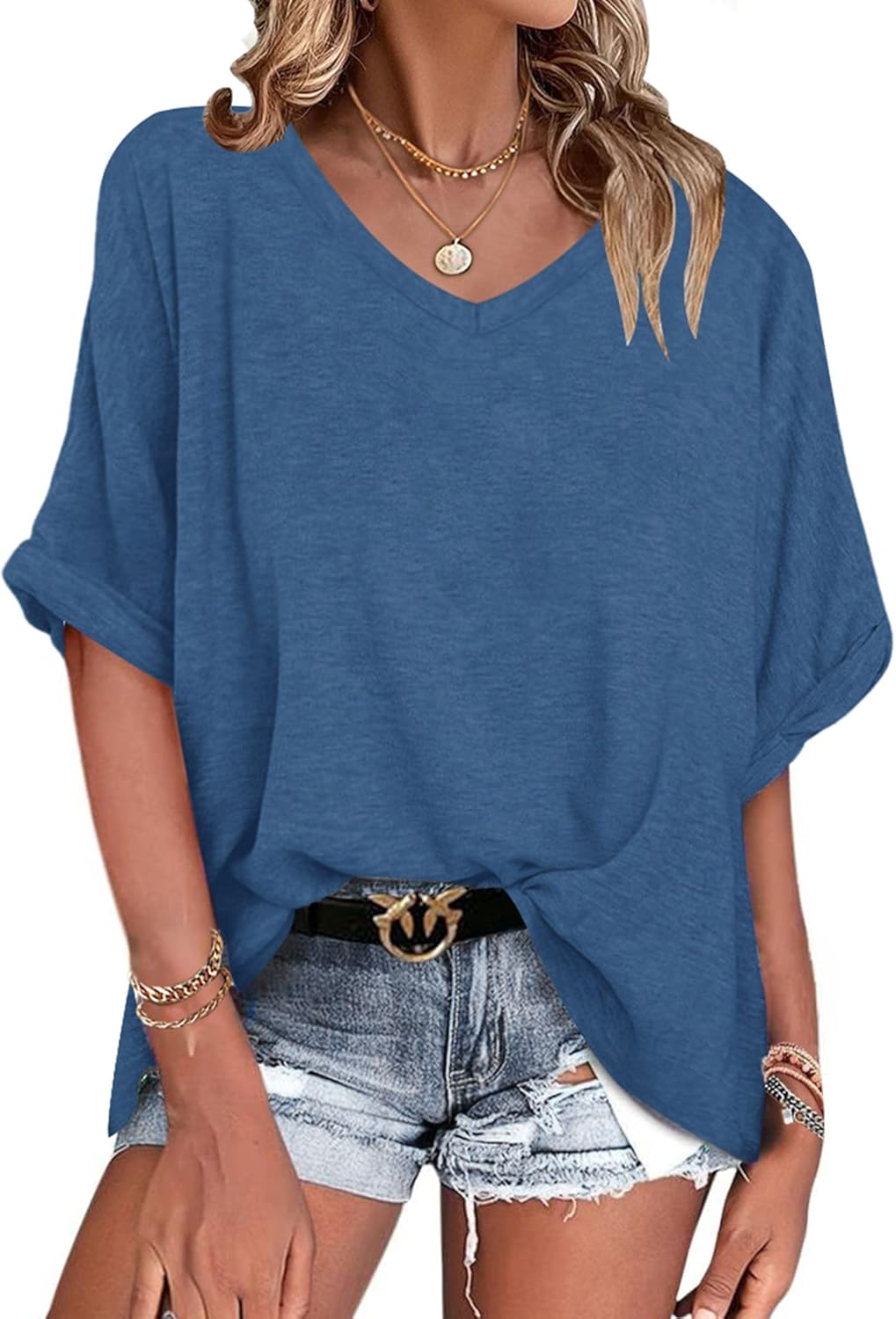 Thumbnail 5 de WNEEDU Tee Shirt Oversize Femme Col V – Haut été décontracté, manches courtes, grande taille