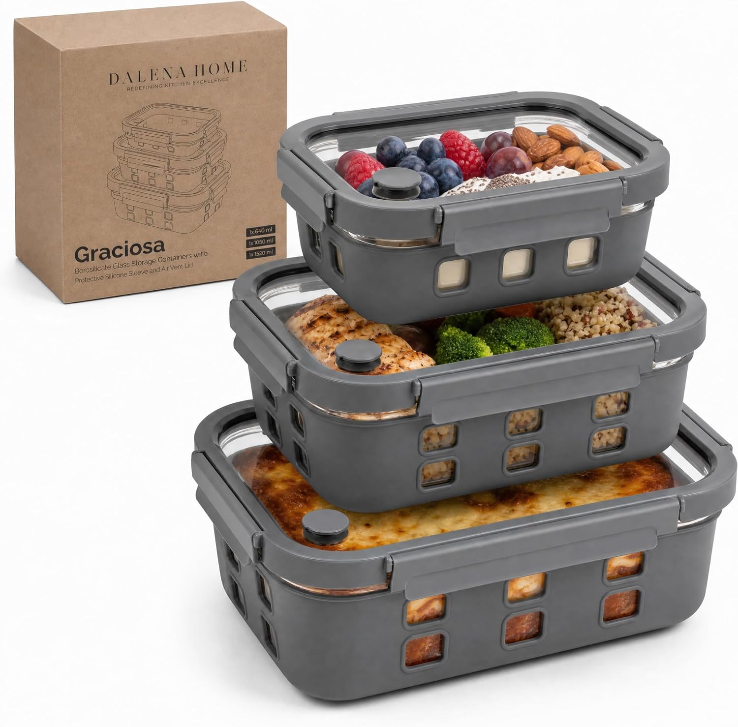 Detalle de Dalena Home mealprep-bakjes met glazen deksel, 640, 1020 en 1520 ml