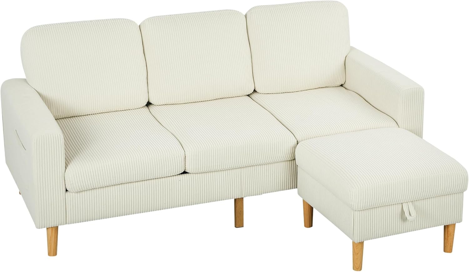 HOMCOM Canapé 3 places en velours côtelé beige avec repose-pieds et rangement