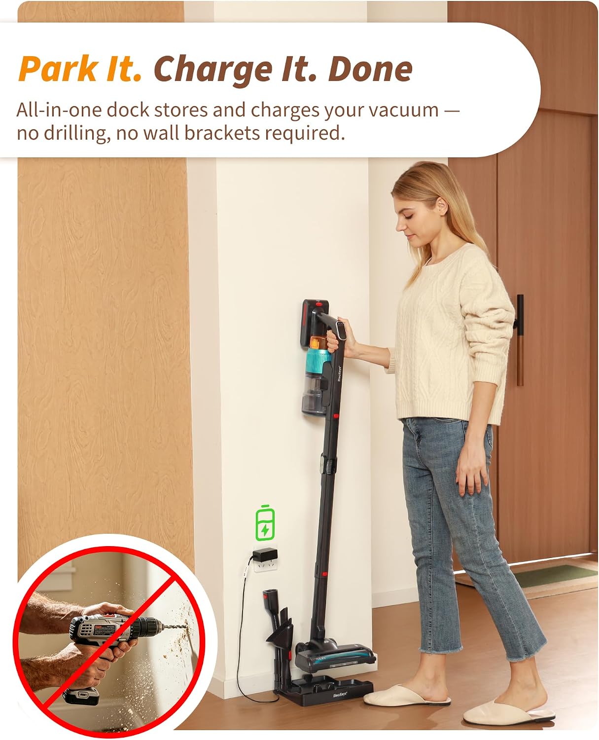 Detalle de Eleckeys Cordless Vacuum Cleaner, 650W: Lightweight, 65-Minute Runtime, 180° Foldable Wand