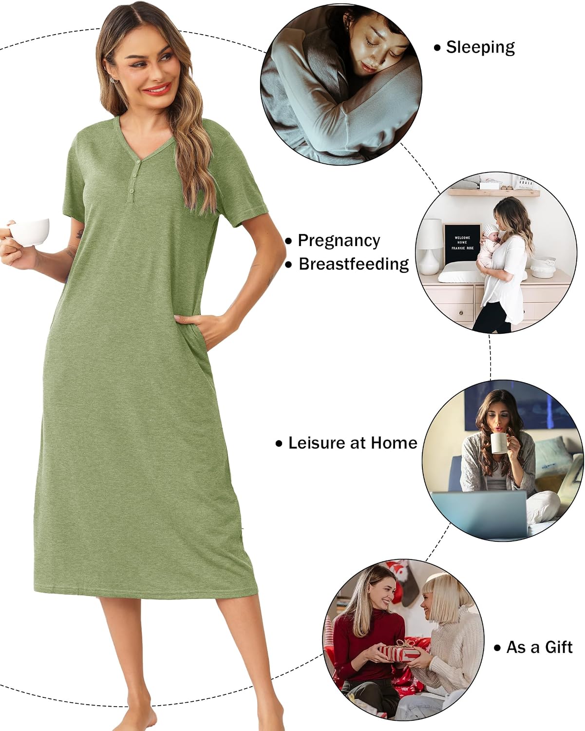 Thumbnail 4 de Lovasy Cotton Nightdress for Women UK – Long Nightdress with V-Neck, 95% Cotton Stretch, Pockets