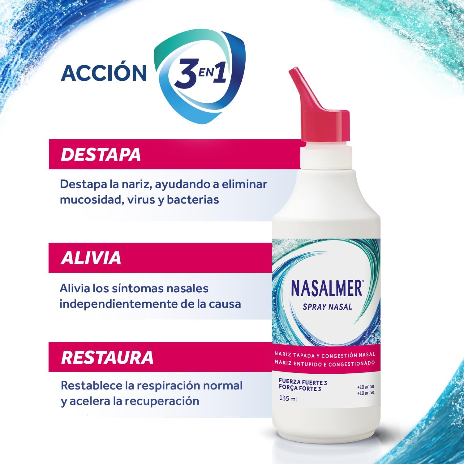 Thumbnail 3 de Nasalmer Fuerte 3 – Spray nasal de agua de mar isotónica, 135 ml, para congestión en adultos y niños a partir de 10 años