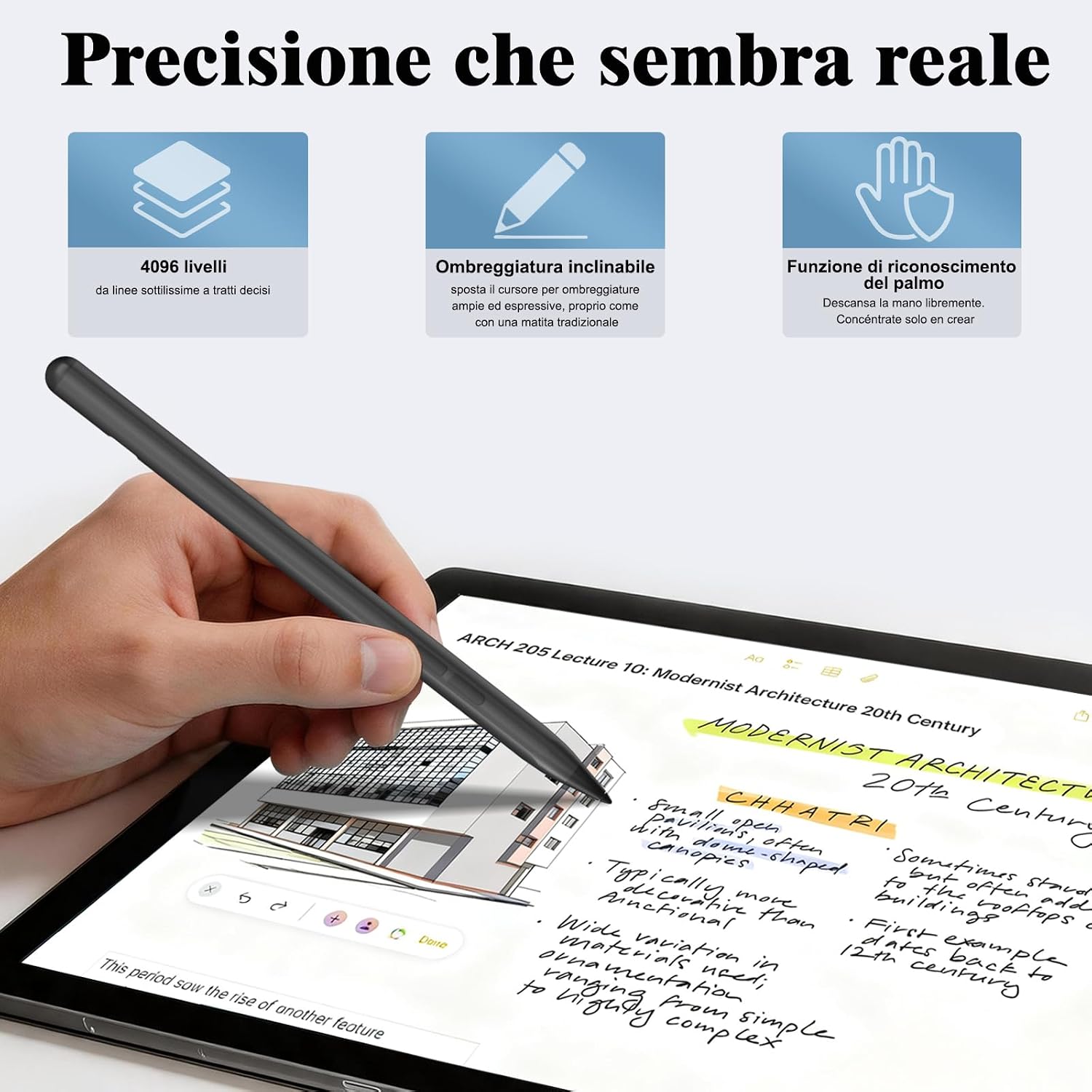 Detalle de Penna Stilo Microsoft Surface: 4096 Pressioni, inclinazione, palmo e ricarica rapida
