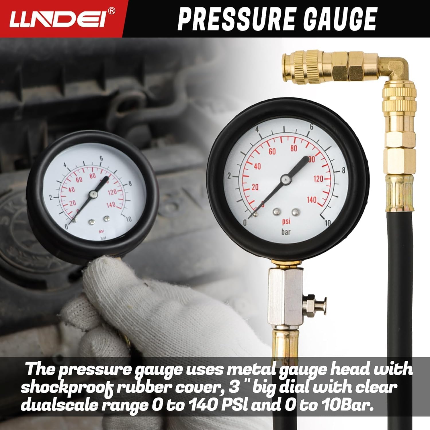 Detalle 2 de LLNDEI Oil Pressure Tester Tool 0-140 PSI: Engine Oil Gauge Kit with 4 ft Hose and 90° Fitting