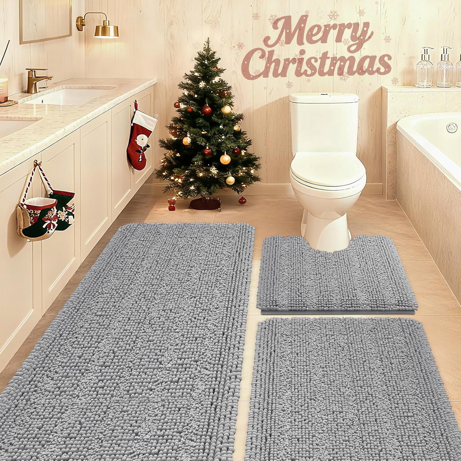 Detalle de ACCUMTEK Striped Light Grey Bathroom Rug Set 3-Piece