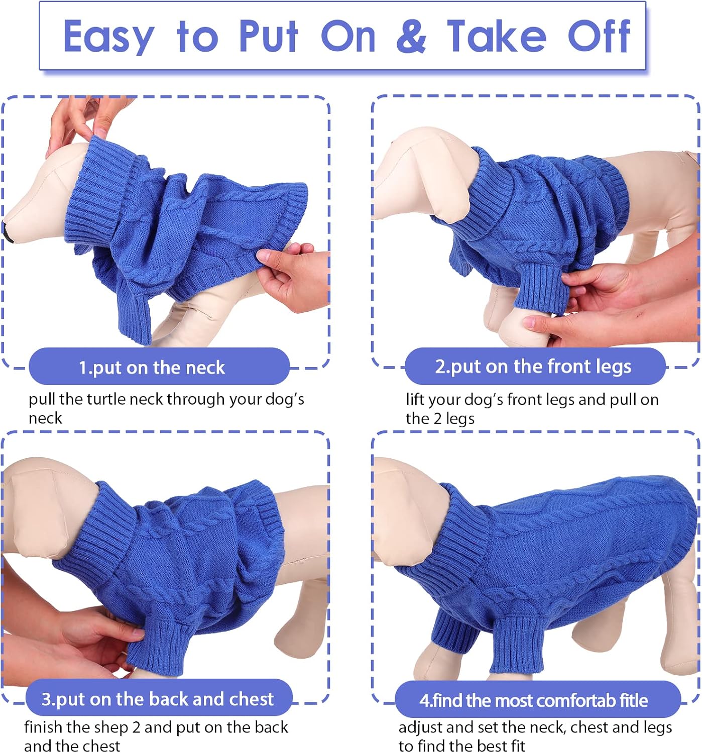 Thumbnail 6 de Queenmore Small Dachshund Jumper Knitting Dog Jumper Turtleneck (Blue, XS)