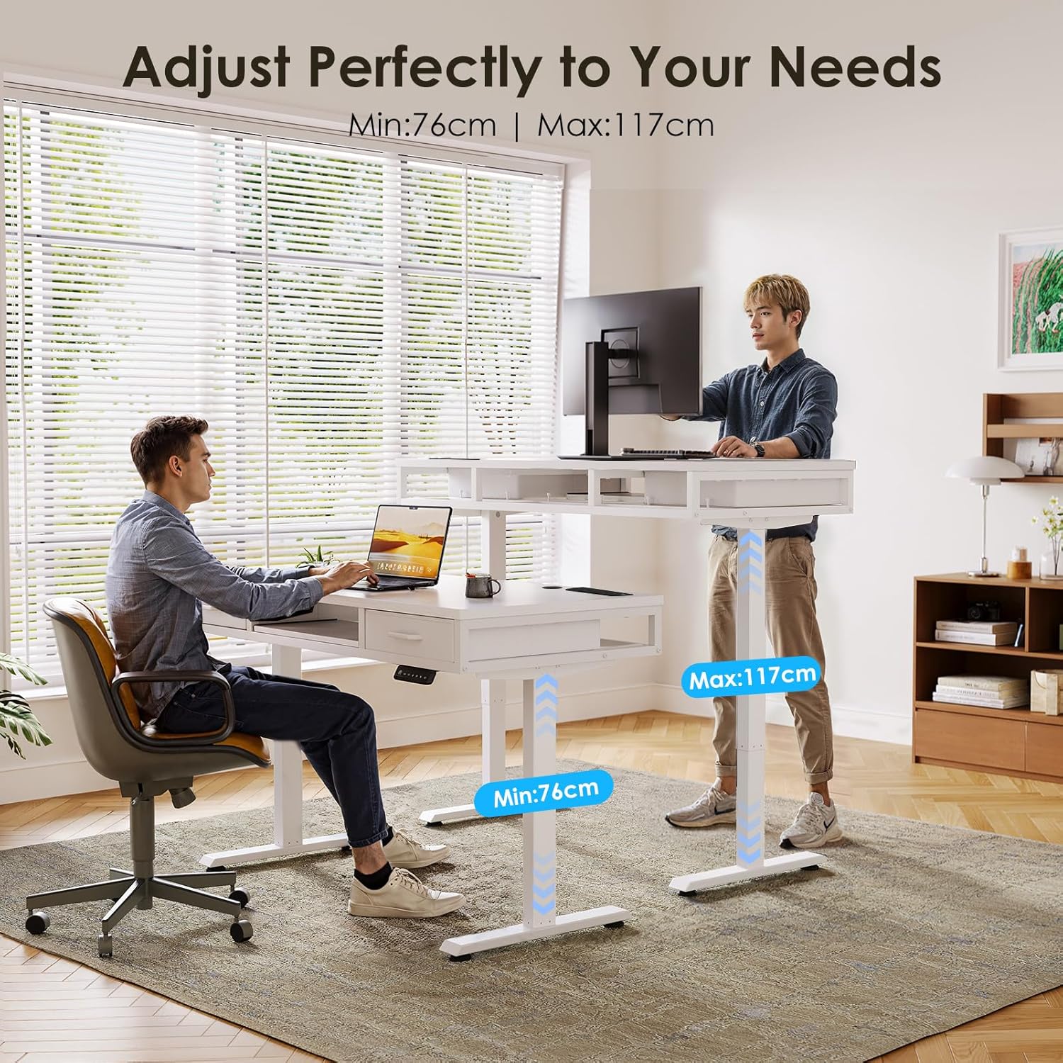 Detalle de OffiGo Height Adjustable Desk with Double Drawers – 140 cm Electric Sit-Stand Desk with Keyboard Tray and Power Sockets
