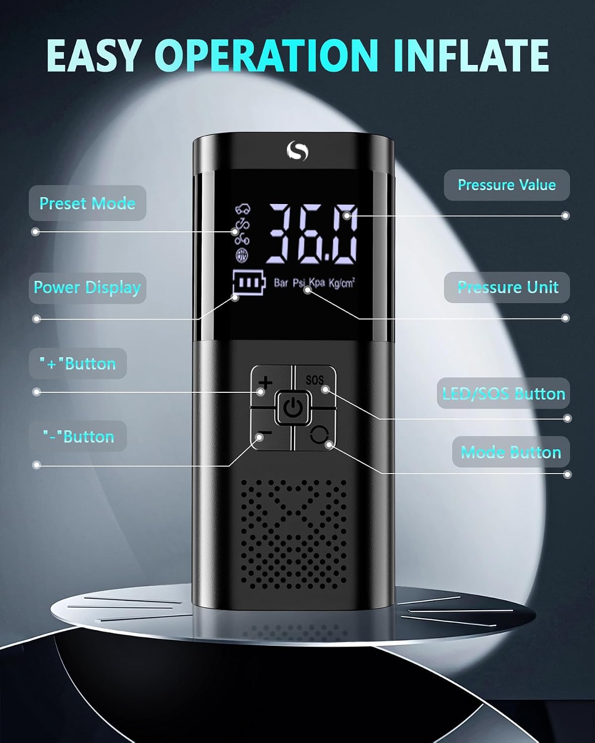 Detalle de SERVOMASTER Elektrische Luftpumpe: Kompakte Akku-Kompressor-Pumpe mit Display, LED und Vielseitigkeit