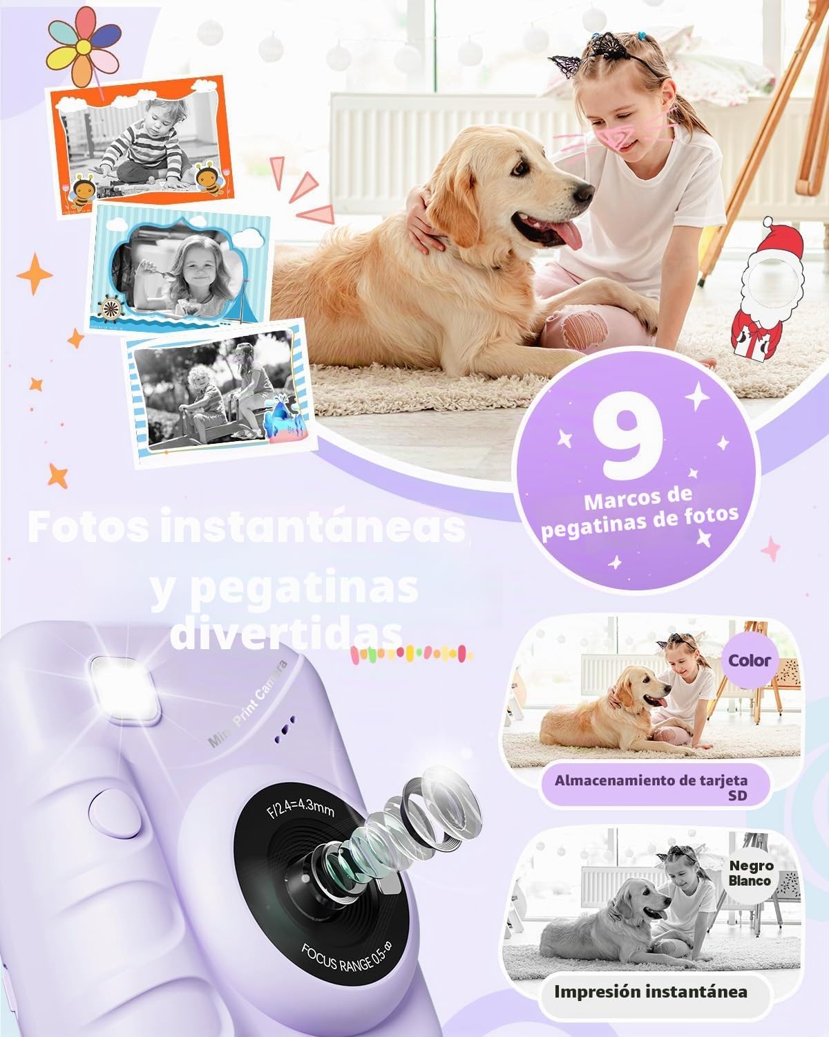Thumbnail 1 de Cámara instantánea infantil TIATUA (3,0'' HD, 48 MP) con impresión sin tinta y tarjeta de 32 GB, morado