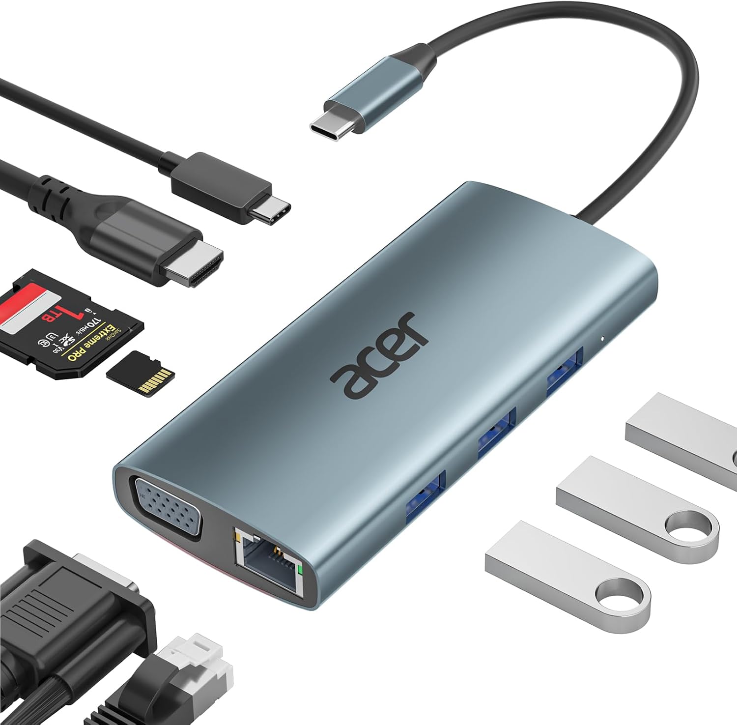 Detalle de Acer USB-C Hub Docking Station 9in1 mit 4K HDMI, VGA, USB 3.0, Gigabit-LAN, SD/ microSD und 100W PD