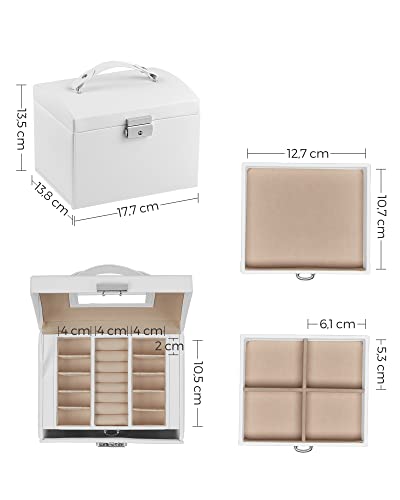 Detalle de Caja Joyero SONGMICS JBC154W01 de 3 niveles con asa, espejo y cerradura – Blanco clásico