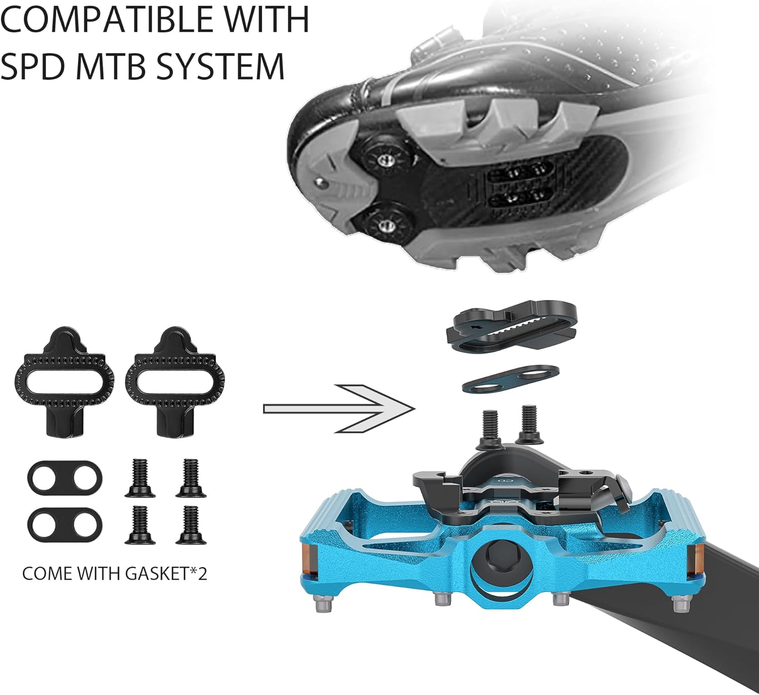 Thumbnail 3 de GEWAGE Pédales VTT double-face SPD et plateforme, 9/16" with réflecteurs – 3 roulements étanches