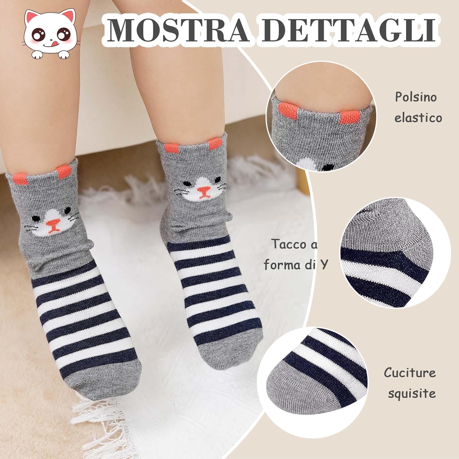 Thumbnail 3 de ZFSOCK Calzini bambina in cotone con gatti cartoon (set da 5 paia) taglie 23-26/27-30/31-34