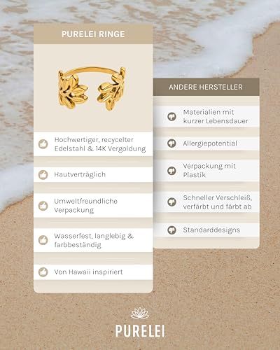 Detalle 2 de Purelei Leaf Ring Damen – Gold, 14K vergoldet, wasserfestes Edelstahl-Design mit Anti-Stress-Funktion