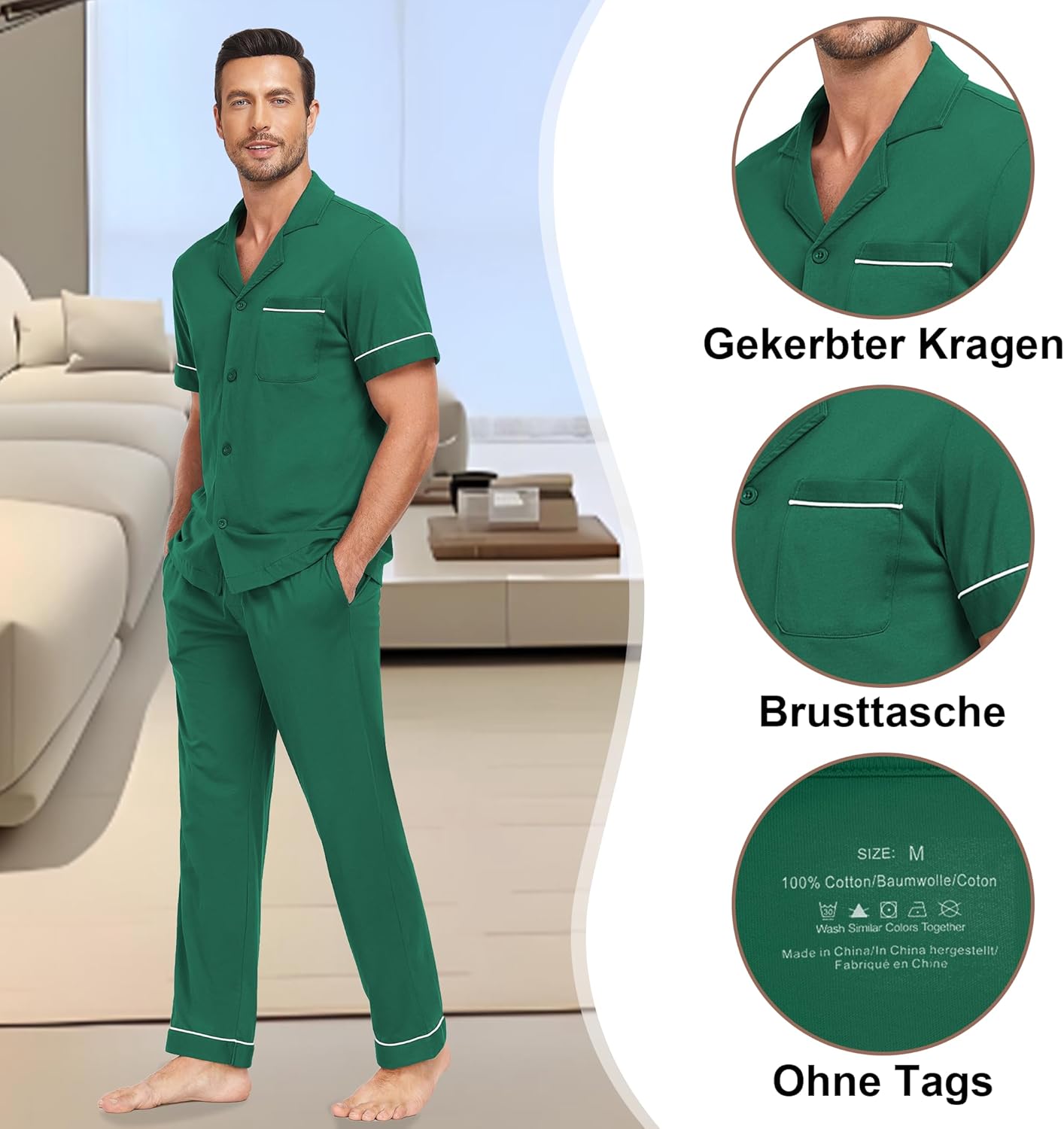 Thumbnail 3 de EA'S SECRET Herren Schlafanzug Set aus 100% Baumwolle – Kurzarm Hemd & Lange Hose, Knopfverschluss, Taschen, Größe S–XXL