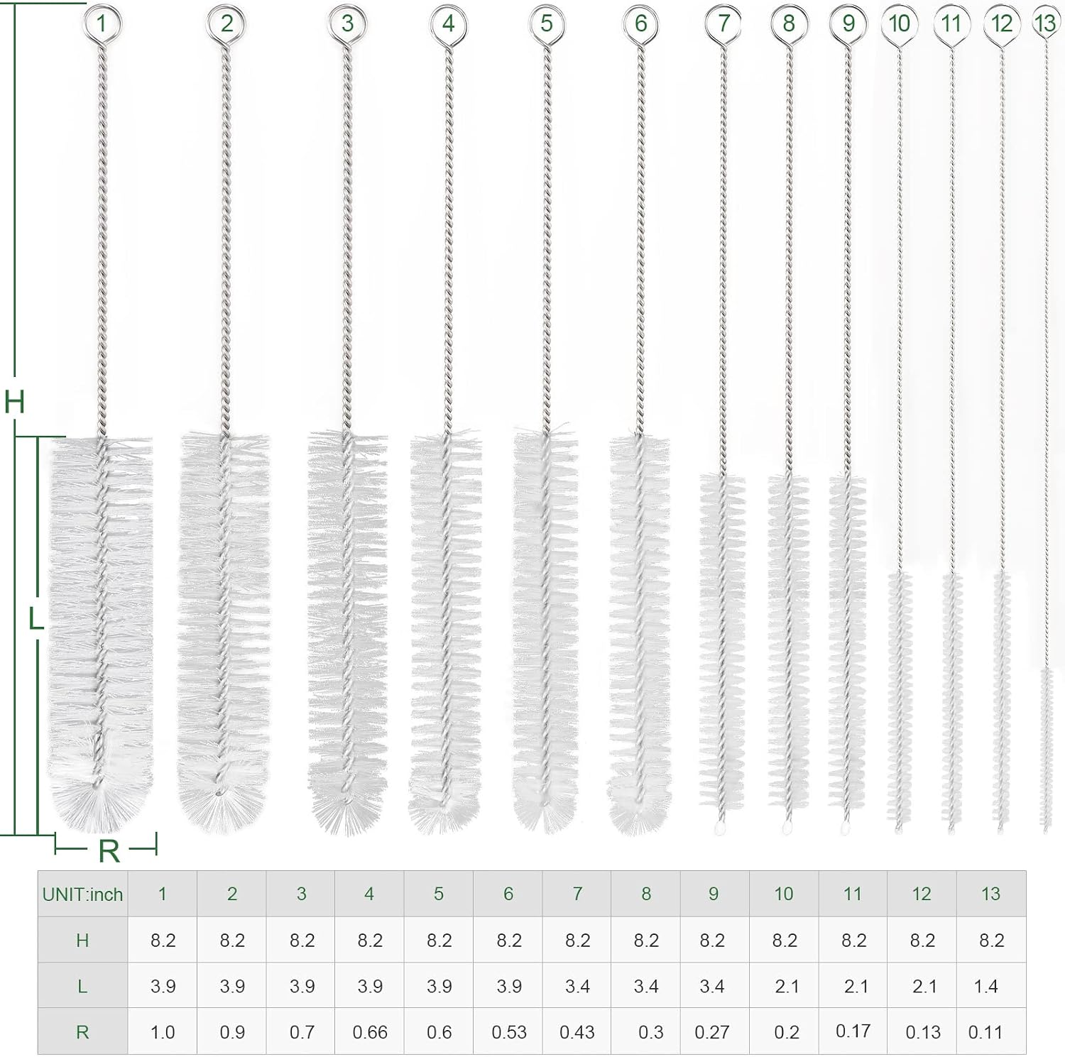 Detalle de CiaraQ 8-Inch Nylon Tube Brush Set, 13-Piece, White, with Stainless Steel Handles