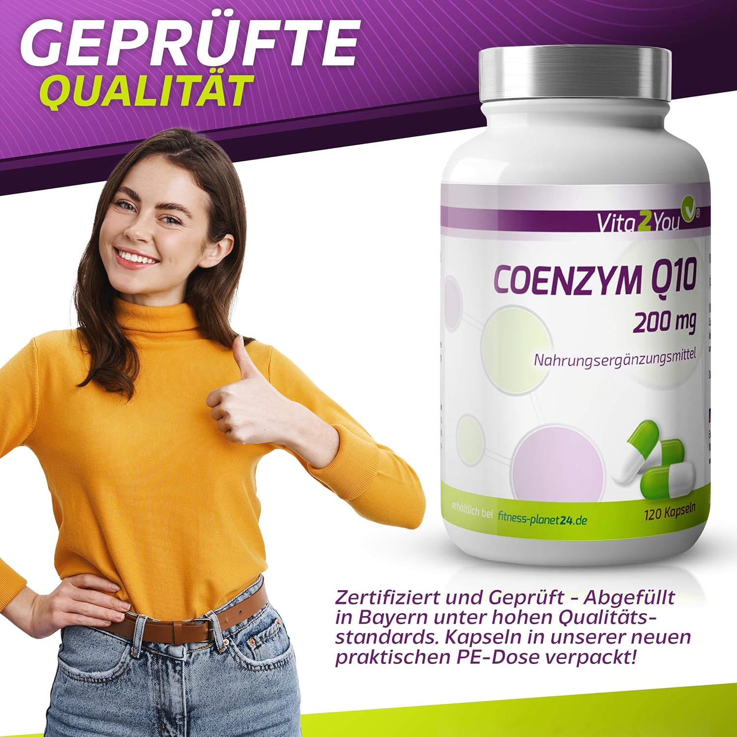 Thumbnail 6 de Vita2You Coenzym Q10 200 mg (Ubichinon) – 120 Kapseln, vegan