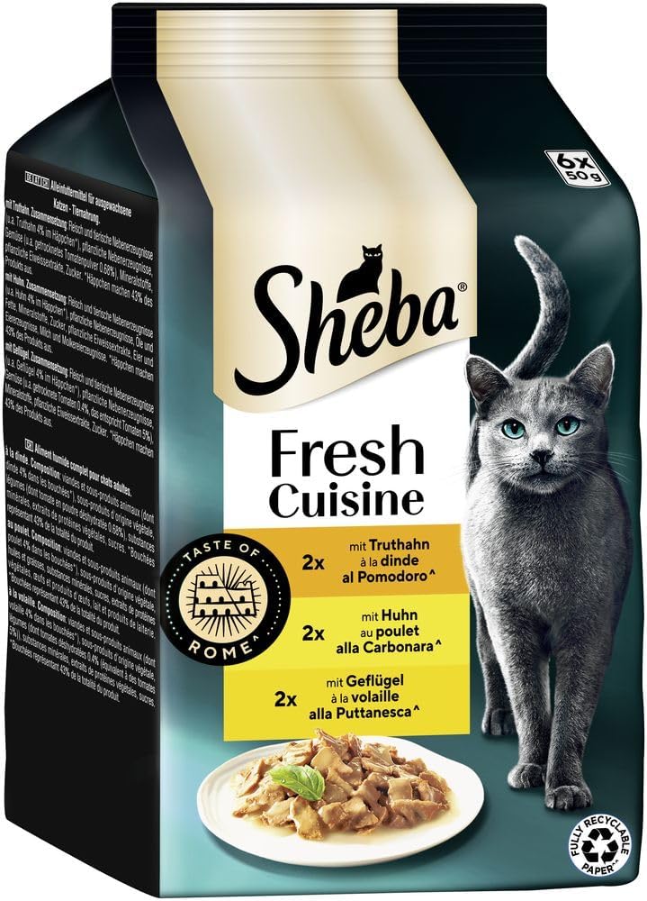 Detalle de Sheba Portionsbeutel Katzennassfutter Multipack Fresh Cuisine Taste of Rome mit Truthahn und Huhn – 6x50 g