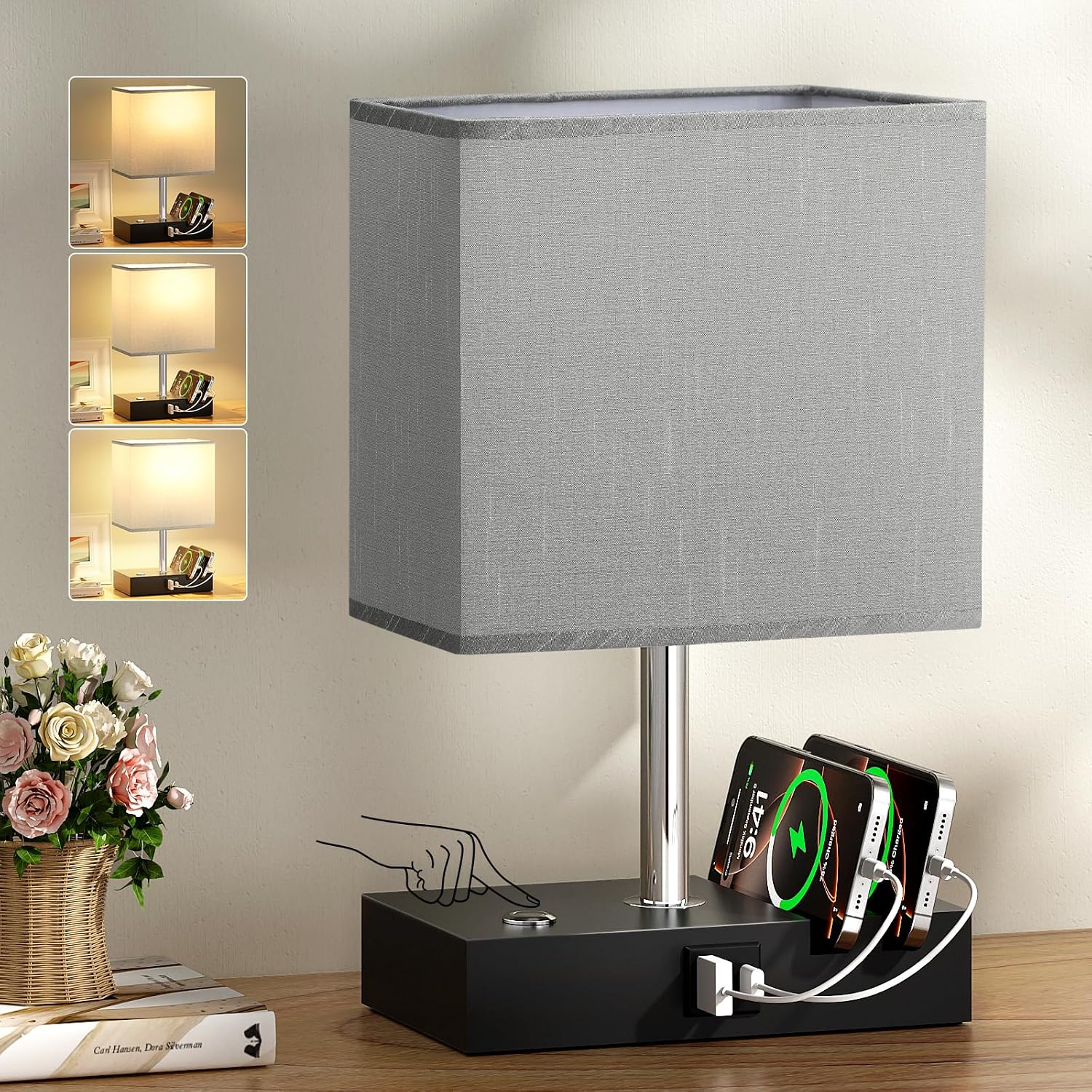 Detalle de PreeOtti Grey Touch Lamp with USB Charging Station – Table Lamp with 2 USB Ports